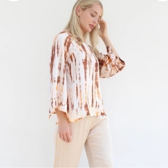 Stark X tie dye satin rustic orange cuff blouse L - Picture 12 of 12